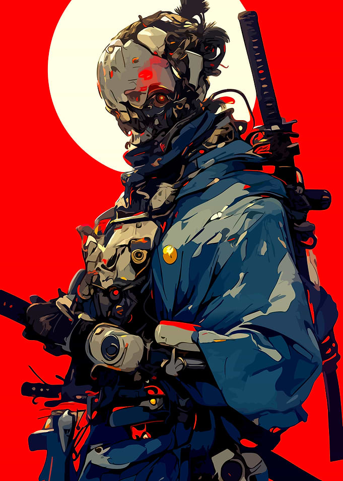Cyberpunk Samurai with Katana and Red Sun