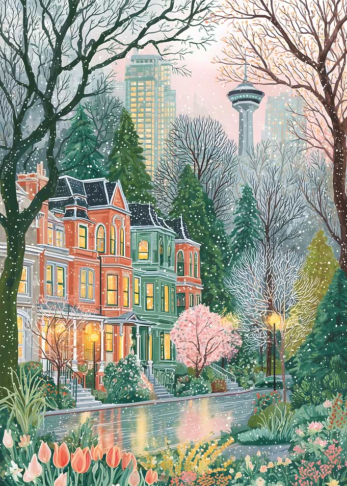 Snowy Cityscape with Colorful Houses