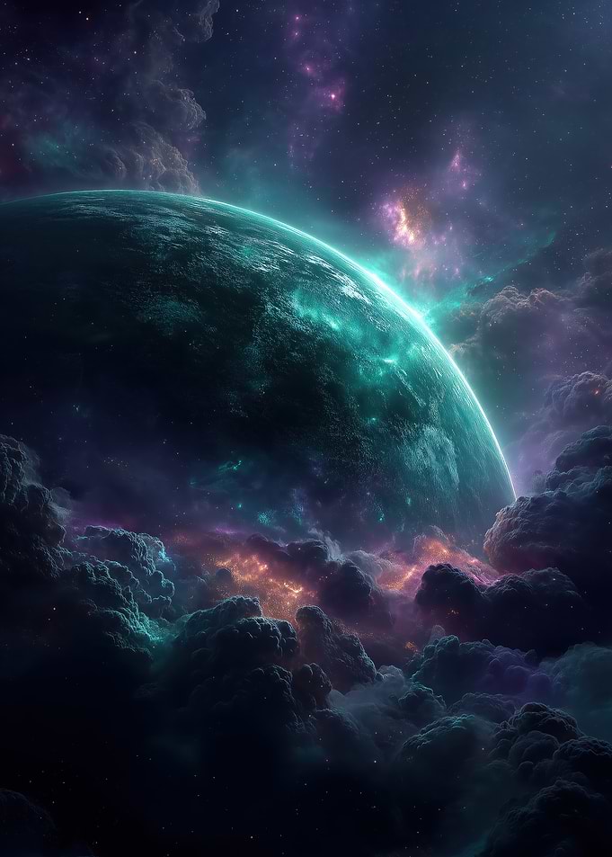 Teal Planet in Nebula Clouds