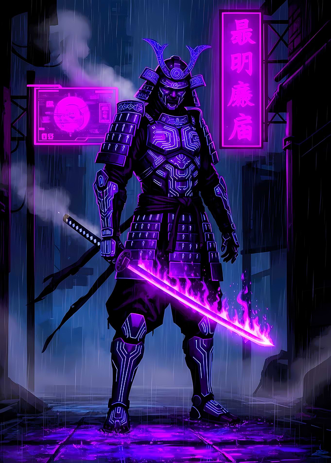 Cyberpunk Samurai in Rainy Alley