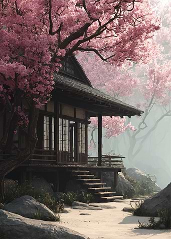 Japanese House with Cherry Blossoms
