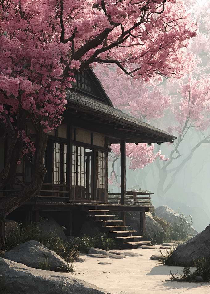 Japanese House with Cherry Blossoms