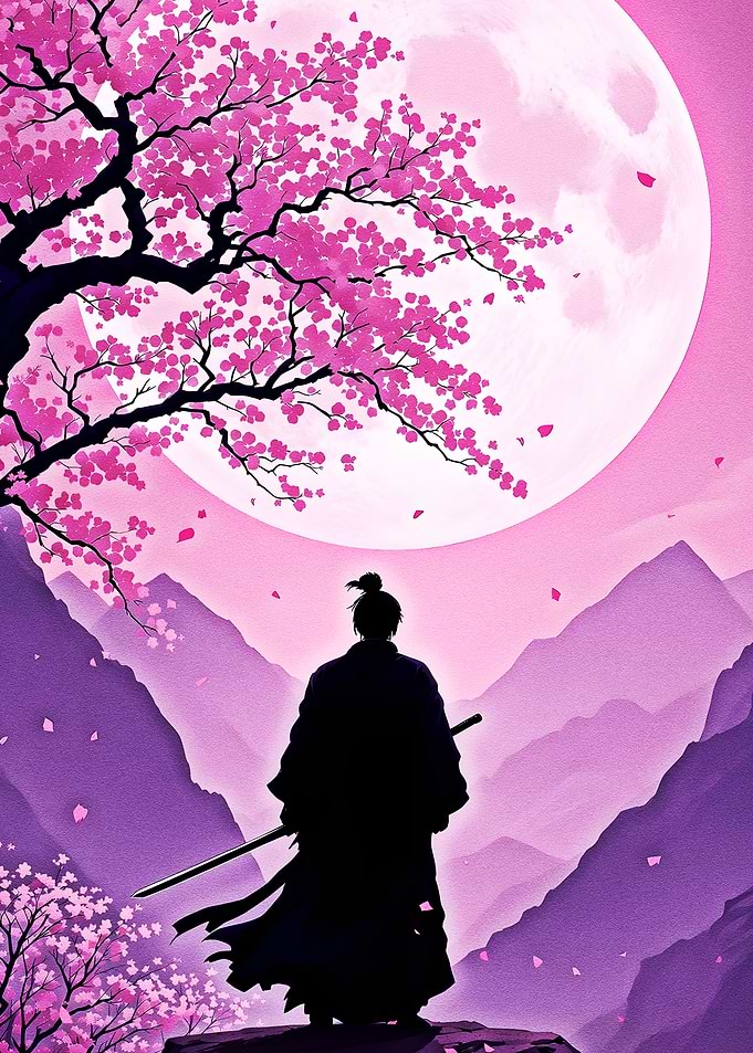 Samurai under Cherry Blossoms and Moon