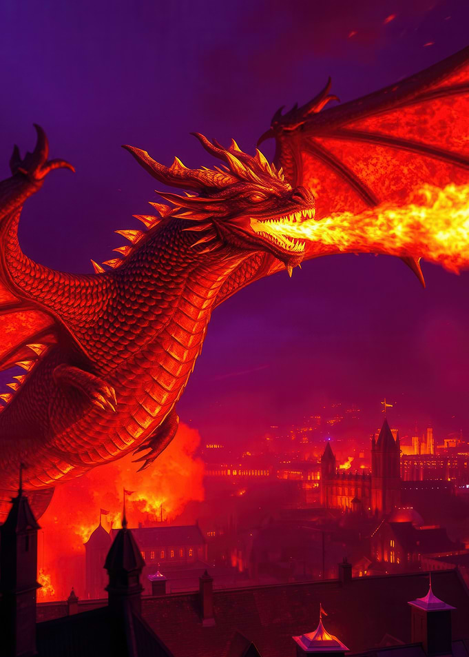 Dragon breathing fire over a city