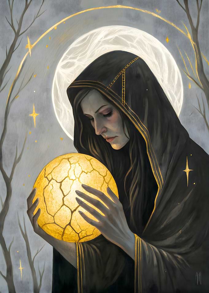 Mystic Woman Holding a Luminous Orb Under Moonlight Fantasy Art