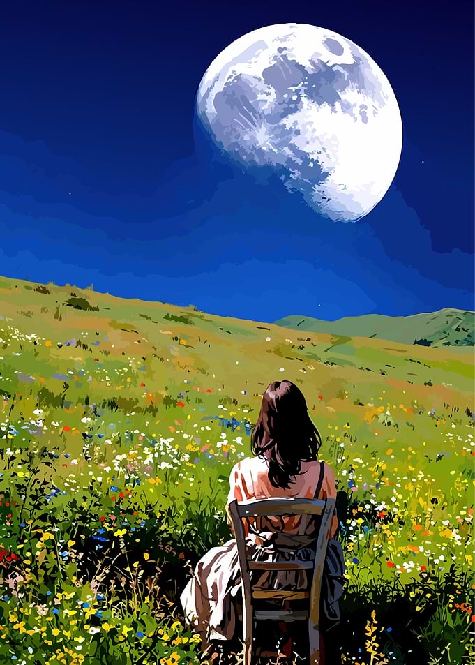 Girl on Chair Under Moonlit Sky