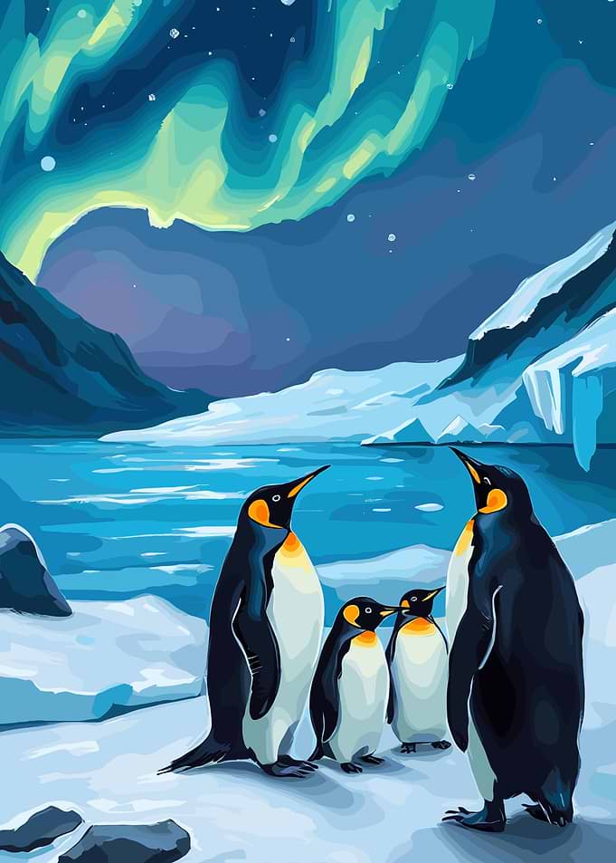 Penguins under the Northern Lights