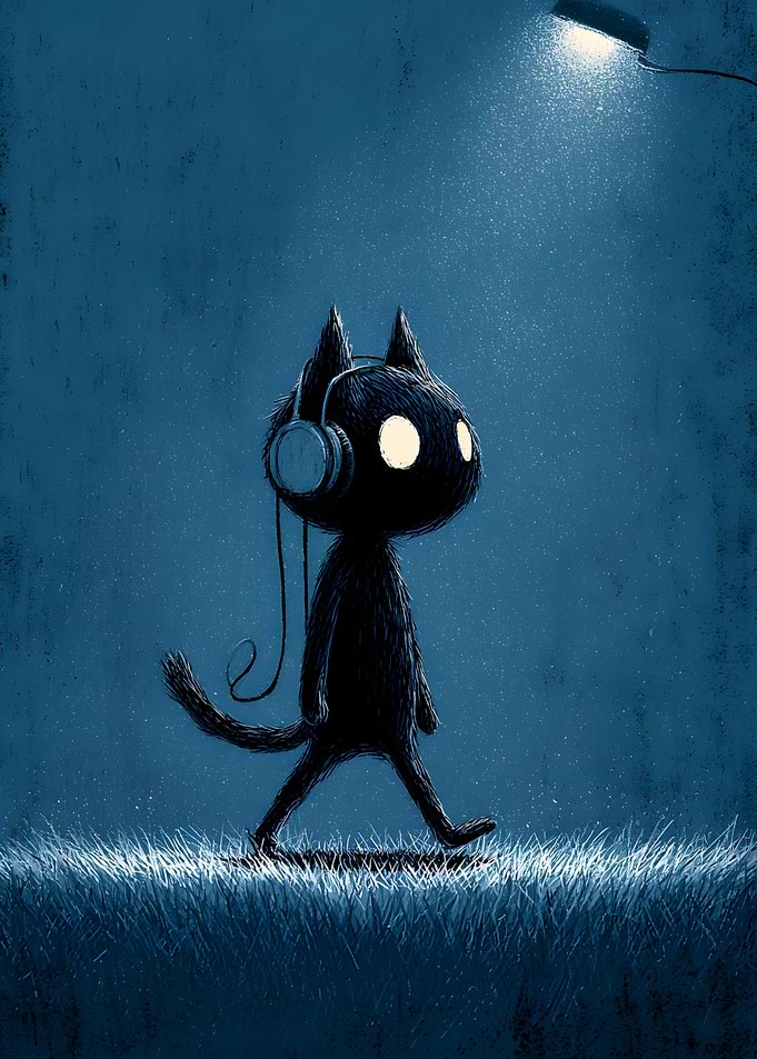 Cat with Headphones Walking at Night