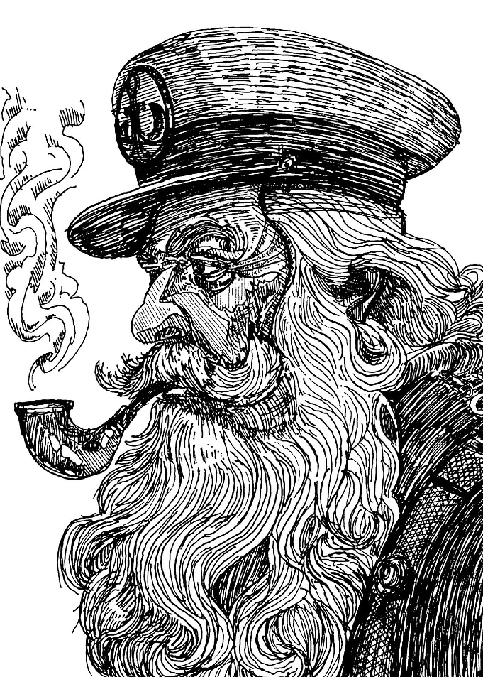 Captain with Pipe Black and White Drawing