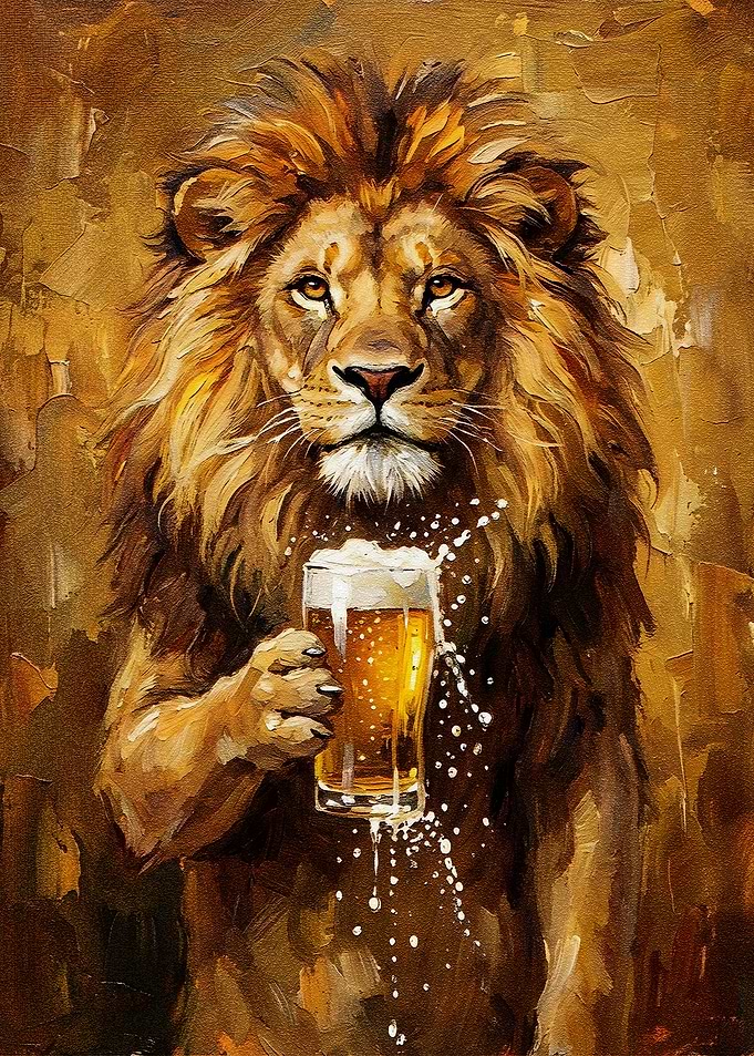 Lion with Beer Painting