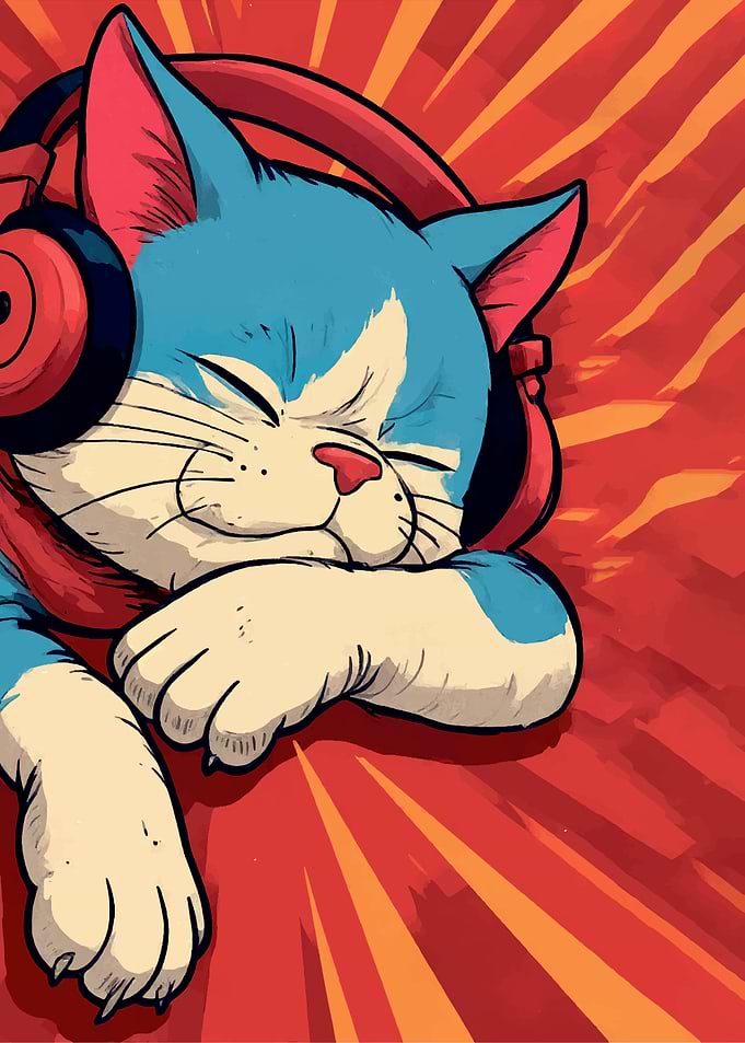 Sleeping Cat with Headphones Illustration