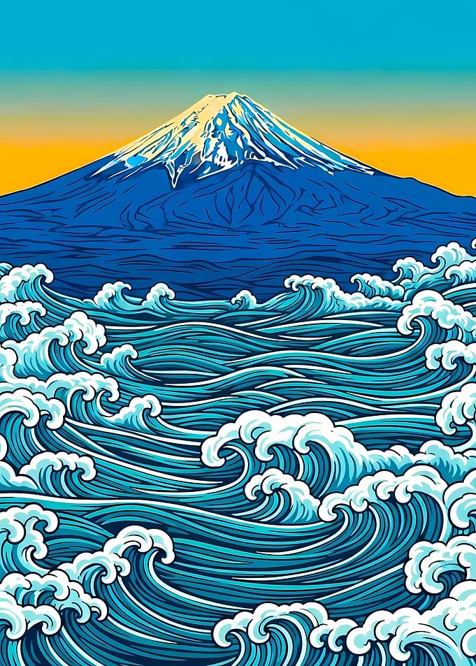 Mount Fuji and Ocean Waves