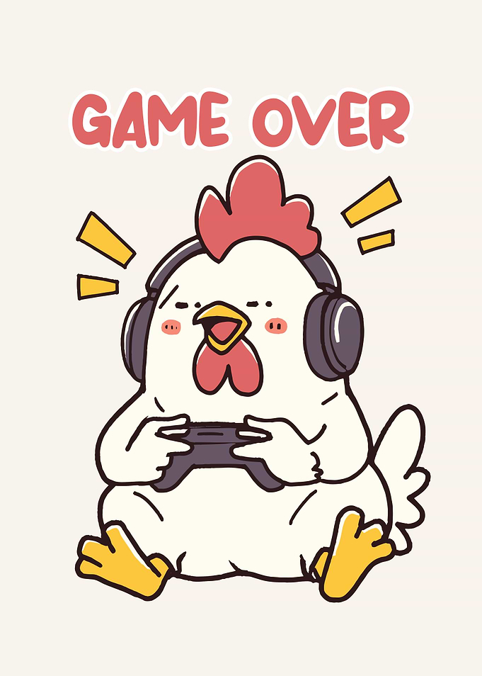 Cartoon Chicken Gamer with Game Over Text