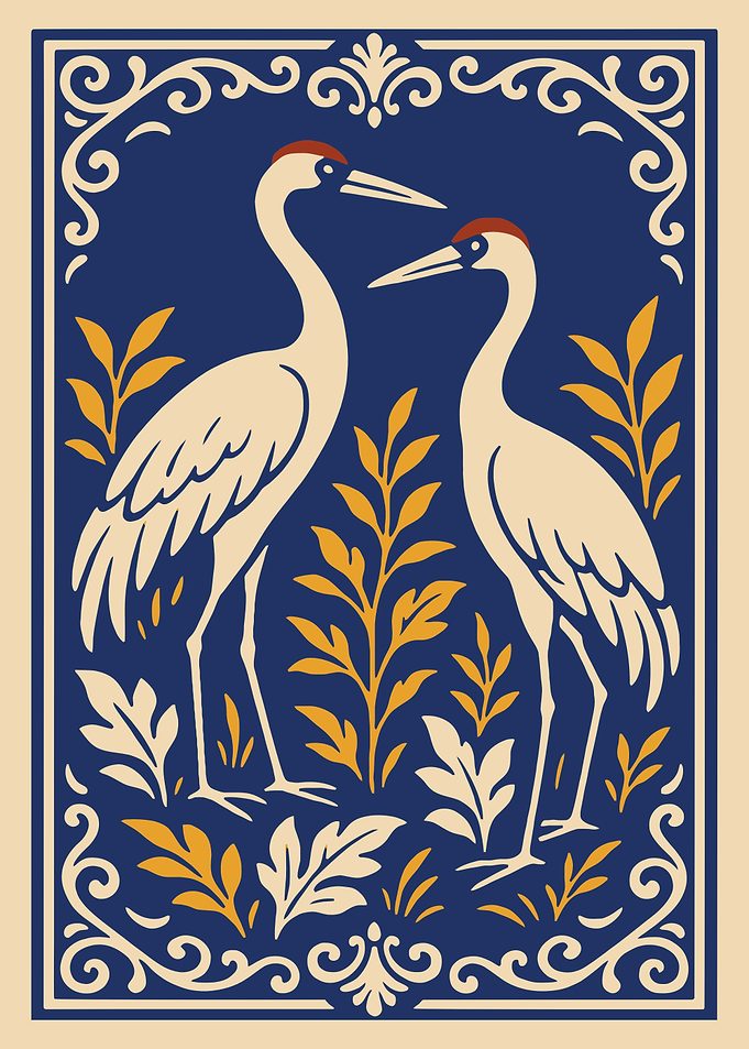 Elegant Cranes with Floral Border