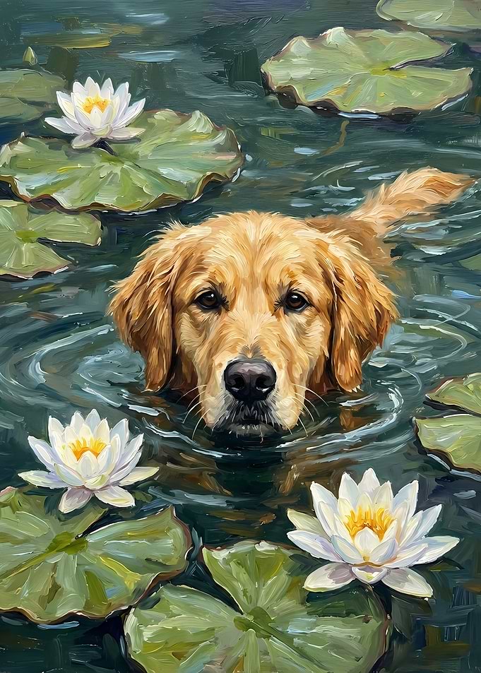 Golden Retriever Swimming Among Lily Pads Painting