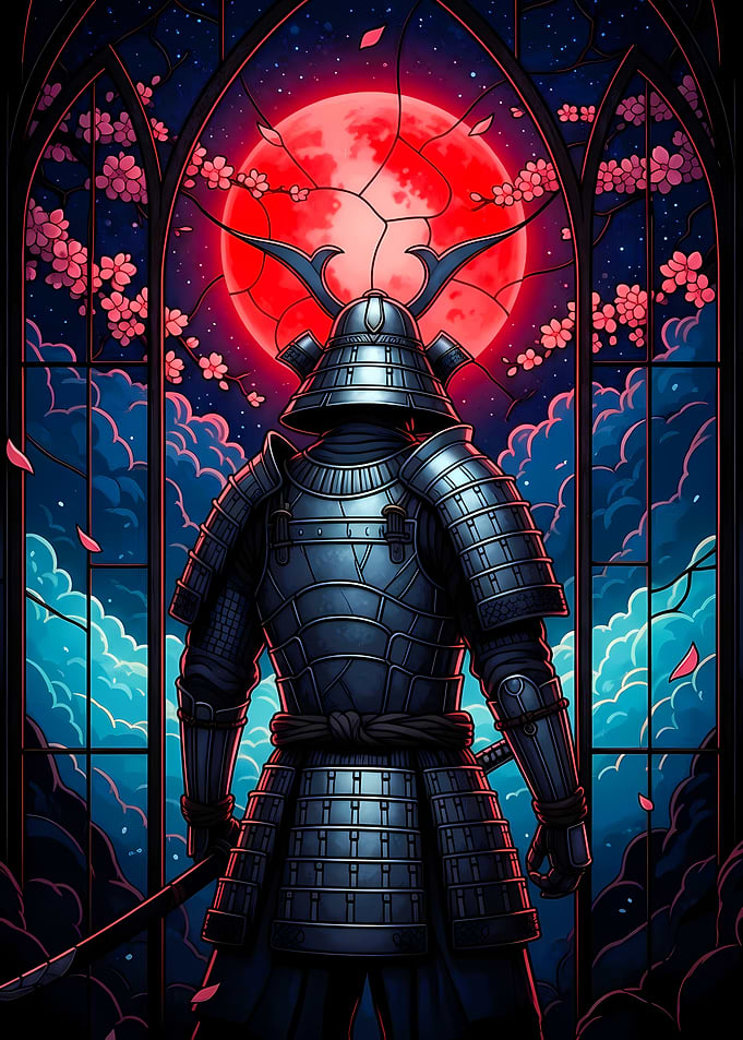 Samurai Warrior with Red Moon Backdrop