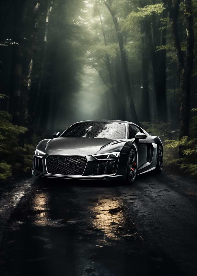Sleek car in a misty forest
