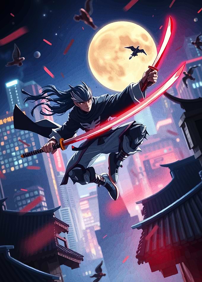 Cyberpunk Ninja with Glowing Swords