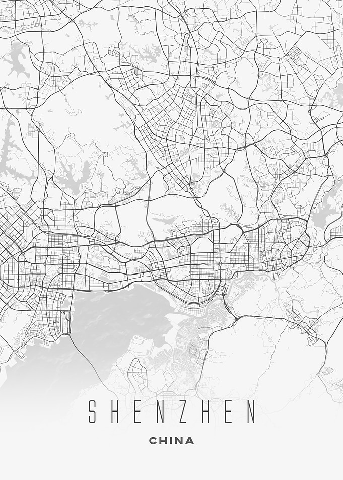Shenzhen, China - Minimal White City Map, Wall Art Print