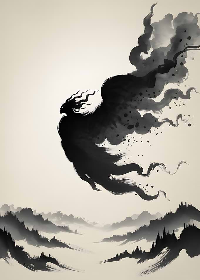 Ink Wash Painting: Winged Figure