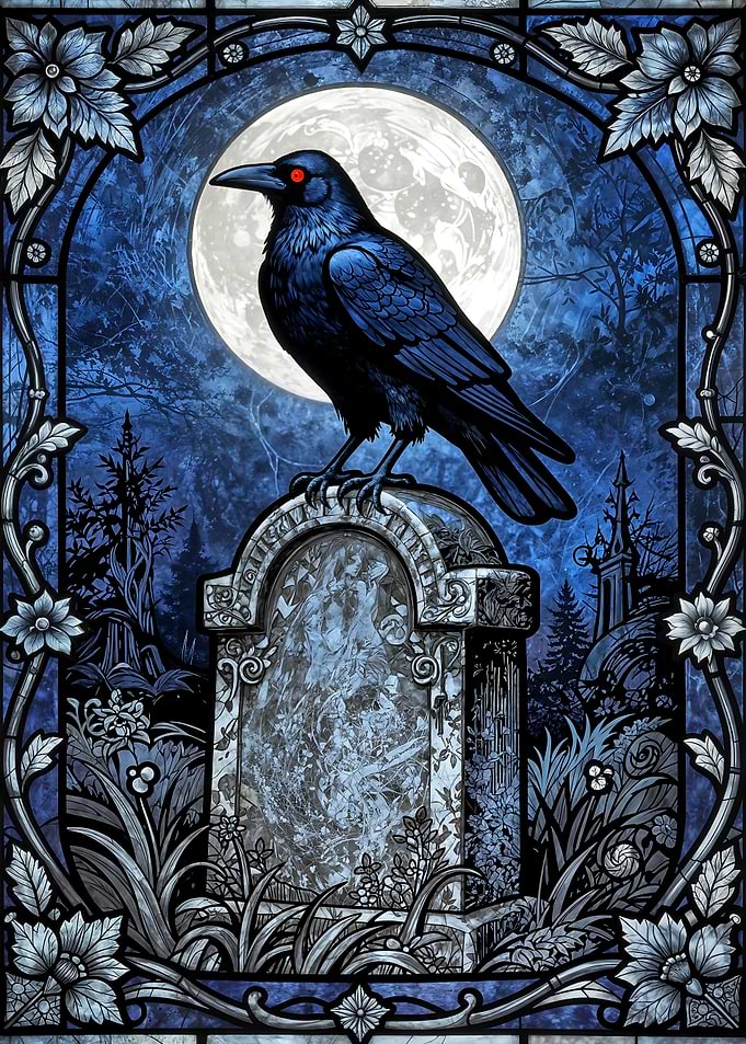 Raven on Tombstone with Full Moon