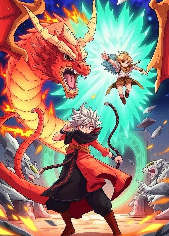 Anime Battle Scene with Dragon and Warriors