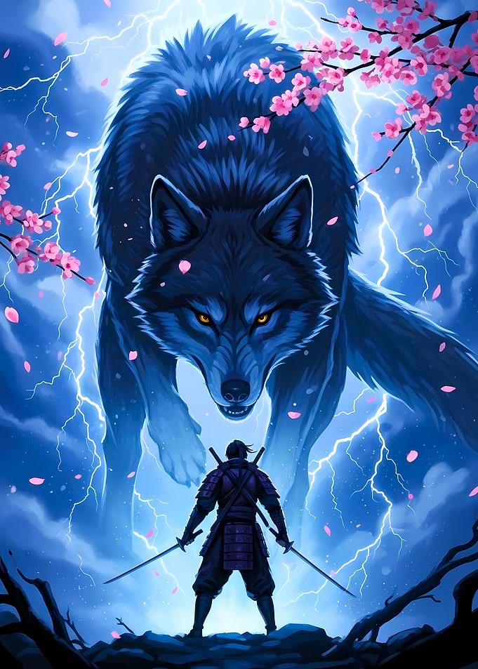 Samurai vs Giant Wolf in Storm