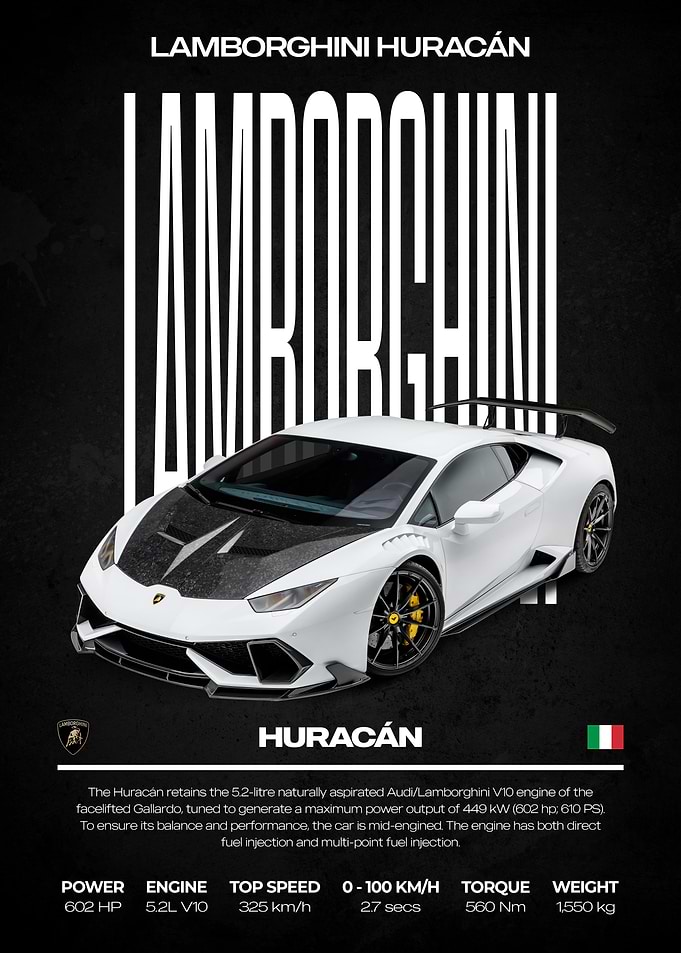 Lamborghini Huracan White Car Poster