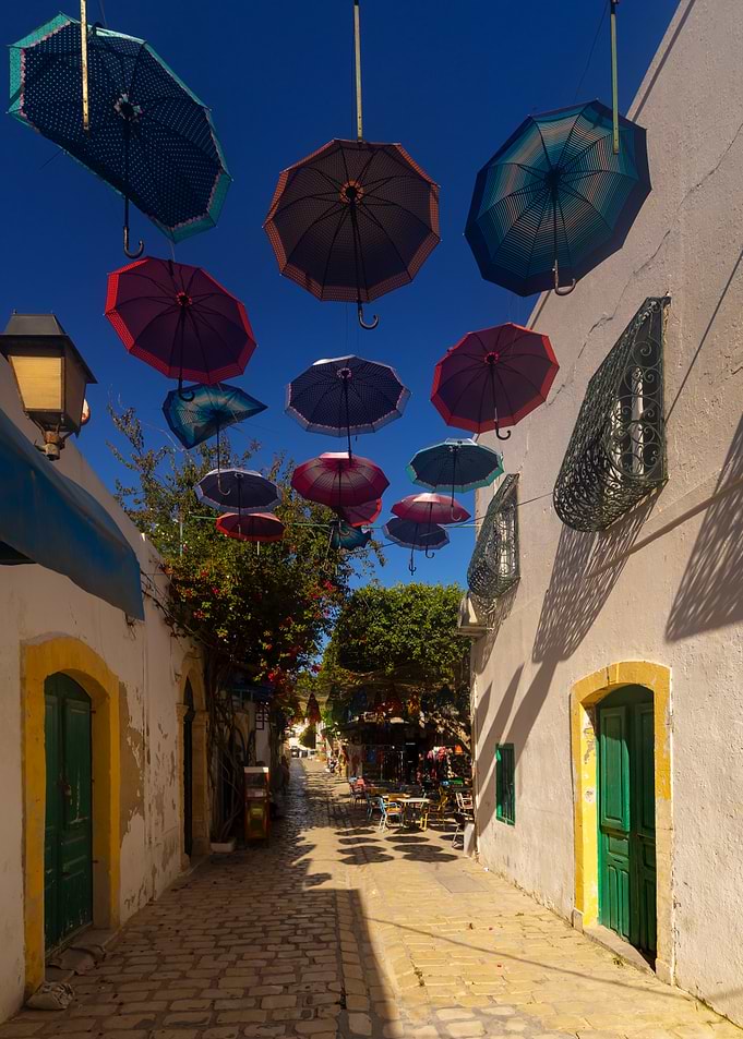 Umbrella Street in Sidi Bou Said, Tunisia