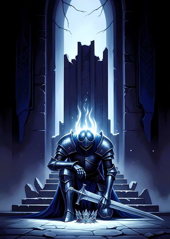 Knight kneeling with sword and crown