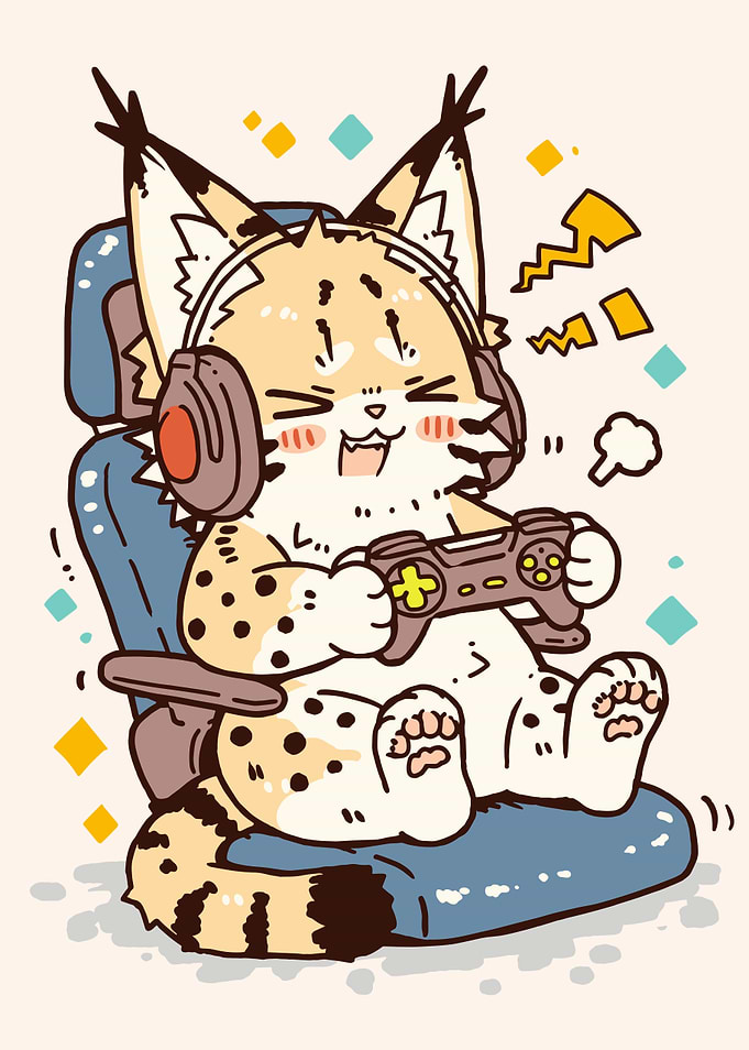 Cute Lynx Gamer Cartoon Illustration