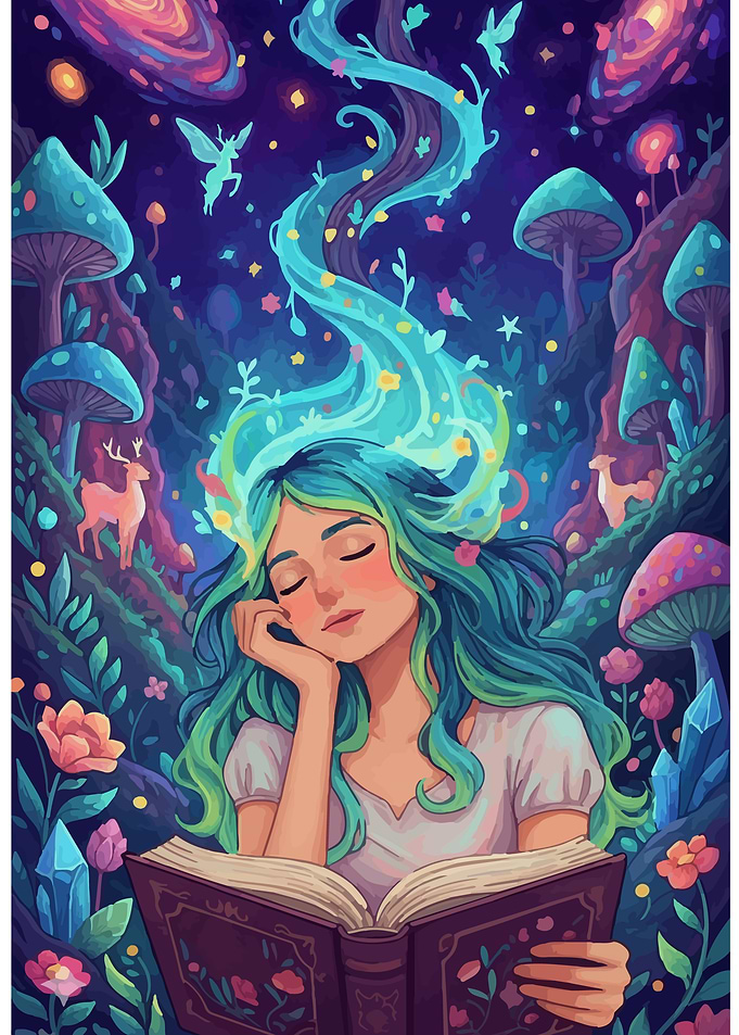 Dreamy Girl Reading in Enchanted Forest