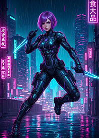 Cyberpunk Assassin in Neon Cityscape