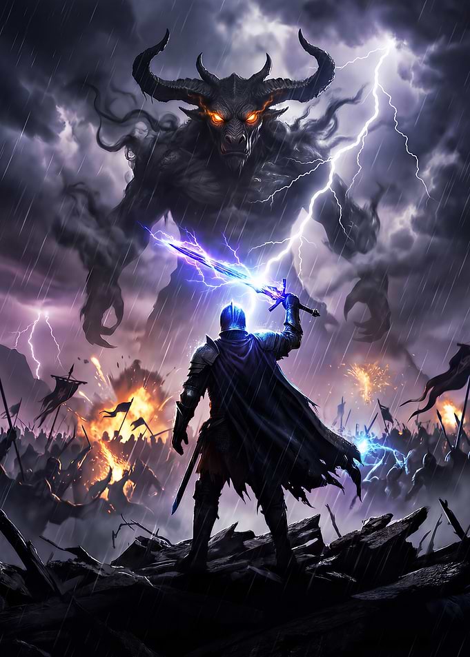 Knight vs. Demon in Stormy Battle