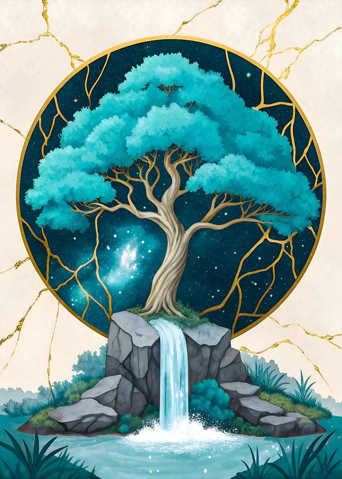Cosmic Turquoise Tree of Life with Golden Roots and Waterfall Fantasy Art