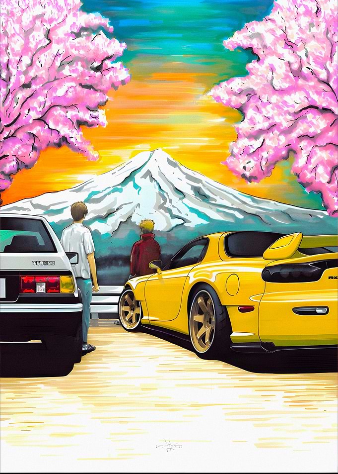 Cars and Mount Fuji with Cherry Blossoms