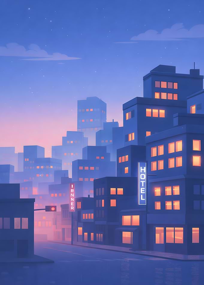 Cityscape at Dusk with Hotel Sign