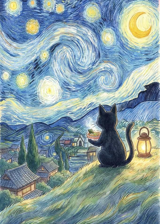 Cat with Ramen and Lantern under Starry Night