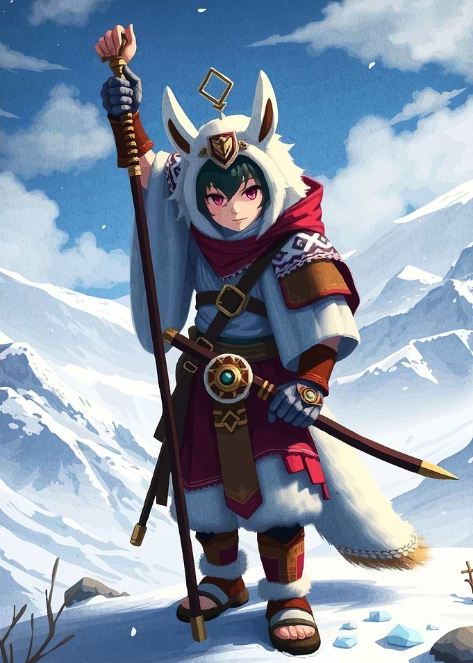 Anime Character in Snowy Mountain Landscape