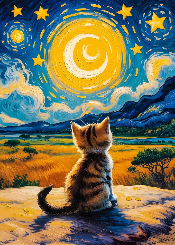 Moonlit Wishes Kitten Under a Whimsical Starry Sky – Whimsical Pet Art