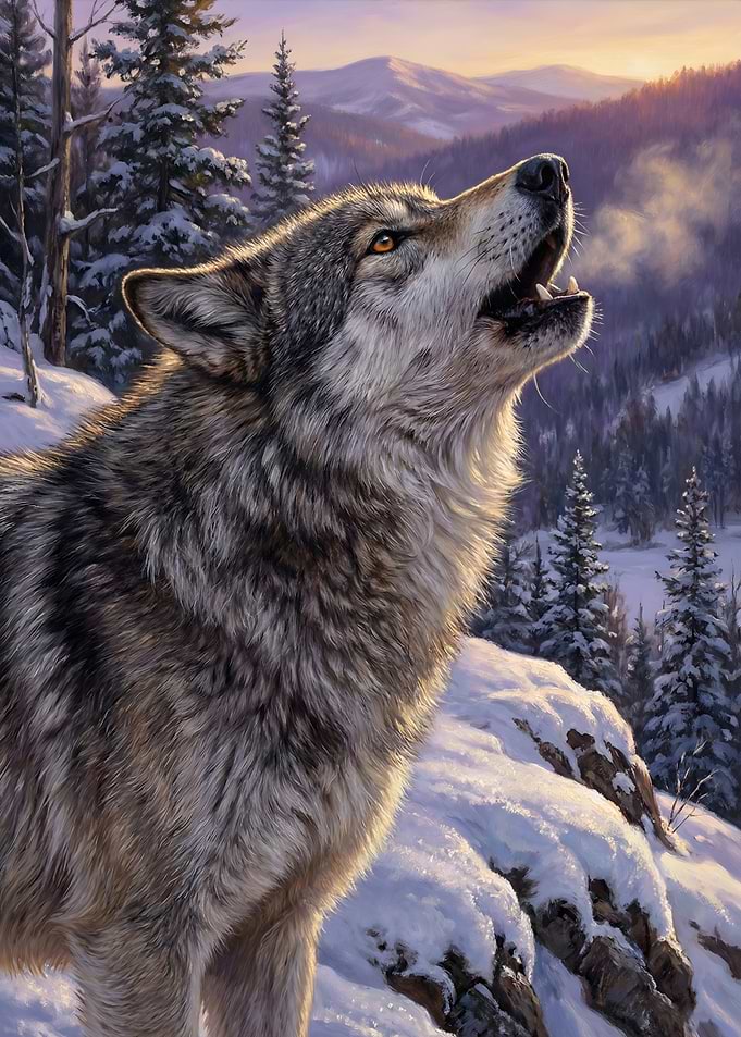 Howling Wolf in Winter Landscape