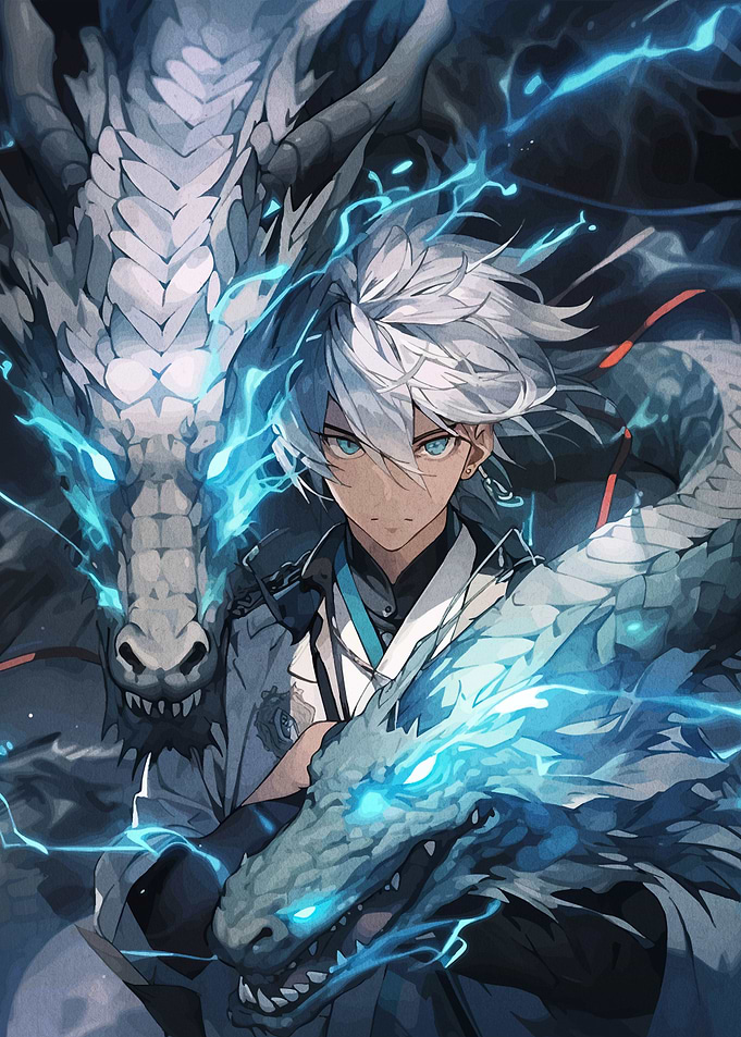 Anime Boy with Dragon Companions