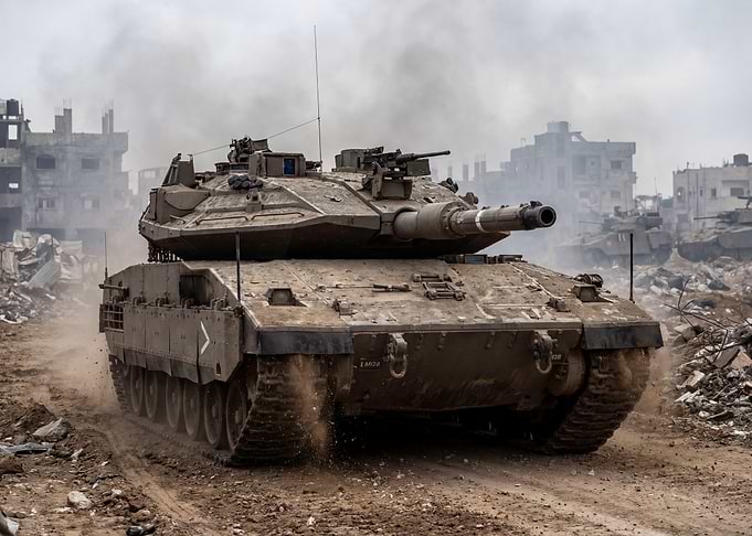 Tank in War-Torn Cityscape