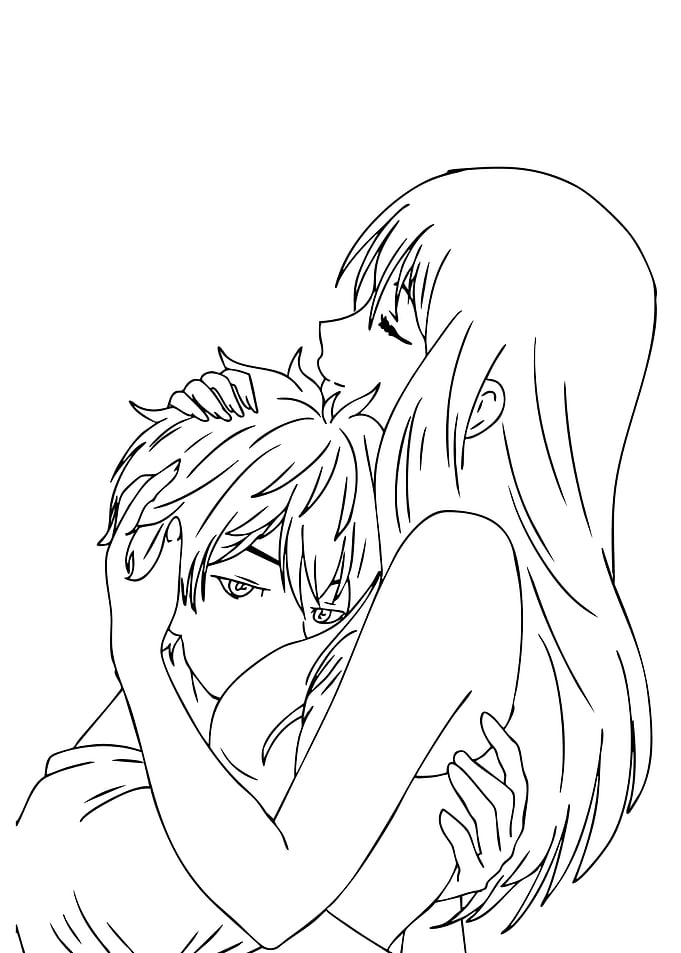 Anime Couple Hugging Line Art