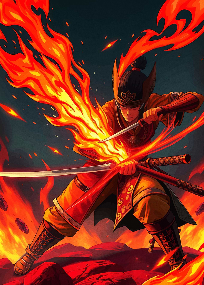 Fiery Samurai Warrior with Dual Swords