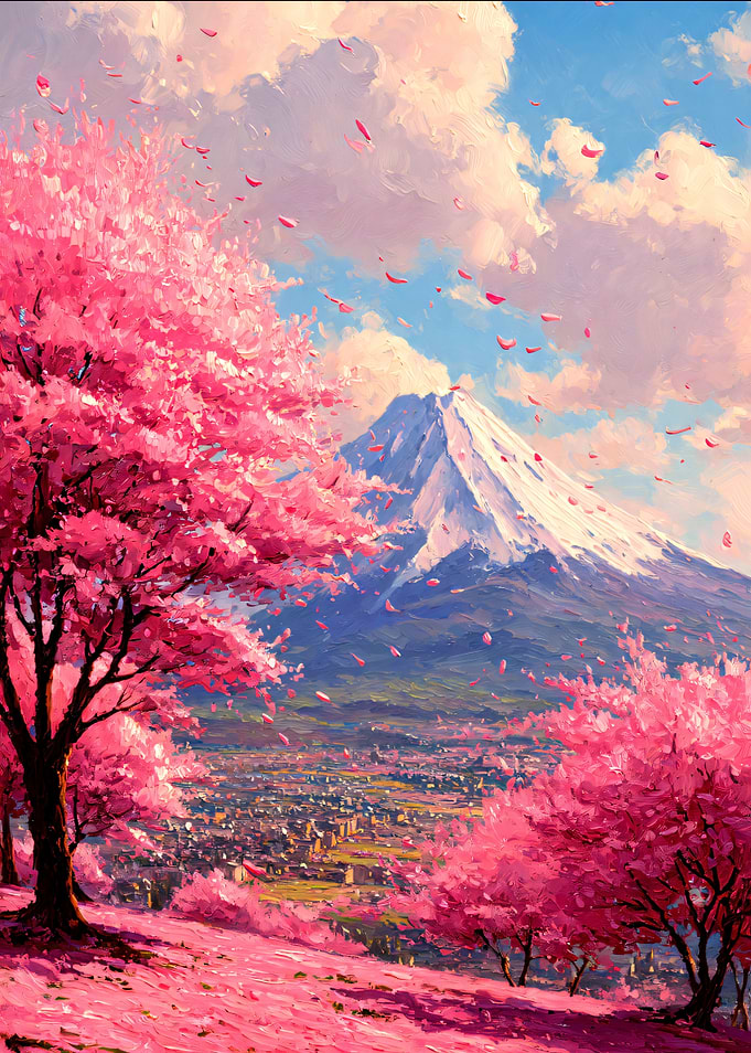 Cherry Blossoms and Mountain Landscape Painting