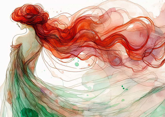 Watercolor Woman with Flowing Red Hair