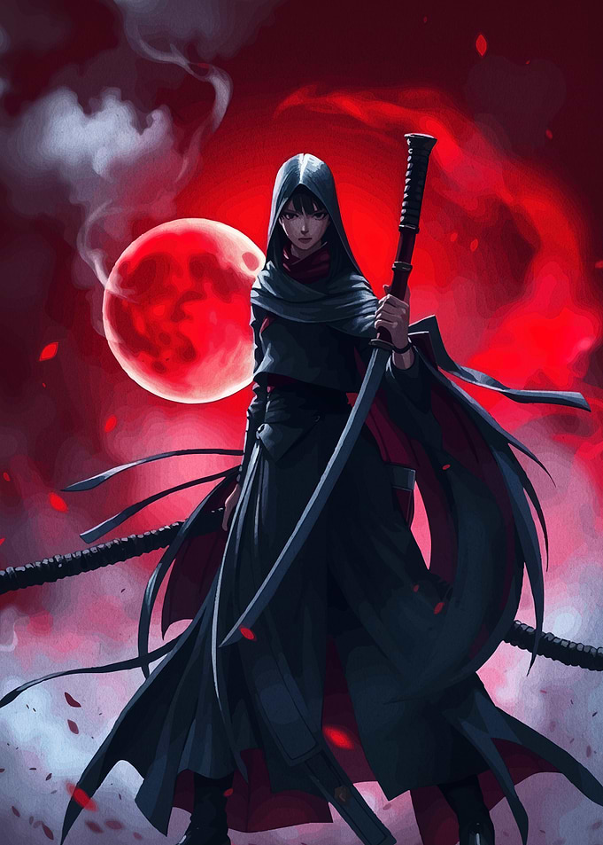 Hooded Warrior with Sword and Red Moon