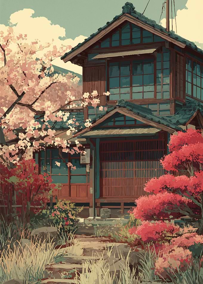 Japanese House with Cherry Blossoms
