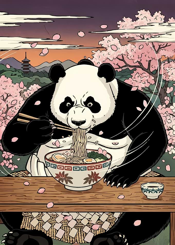 Panda eating ramen under cherry blossoms